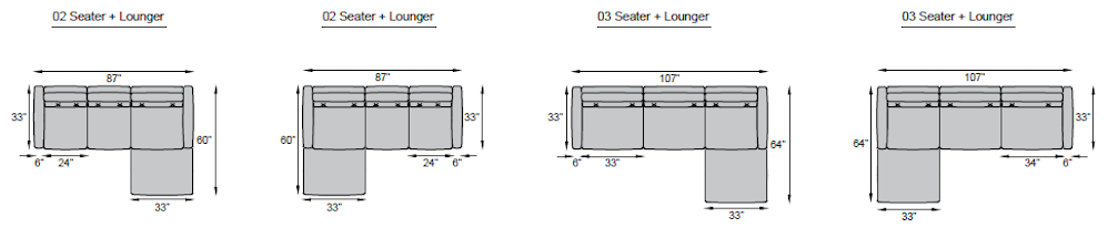 2 seater + L + Lounger, 3 seater + L + Lounger