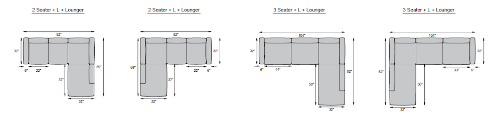 2 seater + L + Lounger, 3 seater + L + Lounger