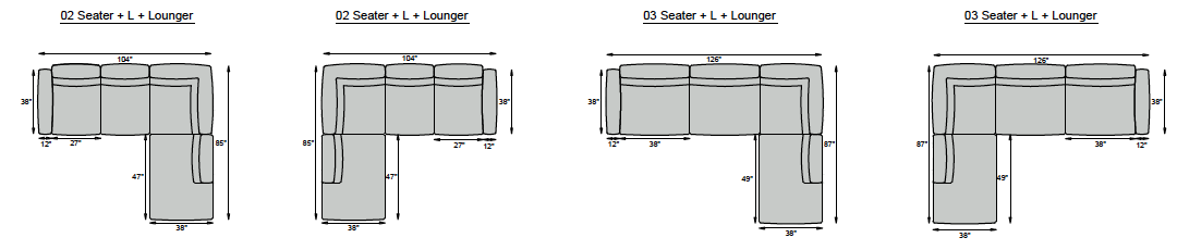 2 seater + L + Lounger, 3 seater + L + Lounger