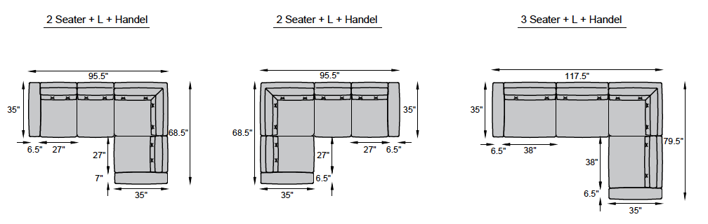 2 seater + L + Handle, 3 seater + L + Handle
